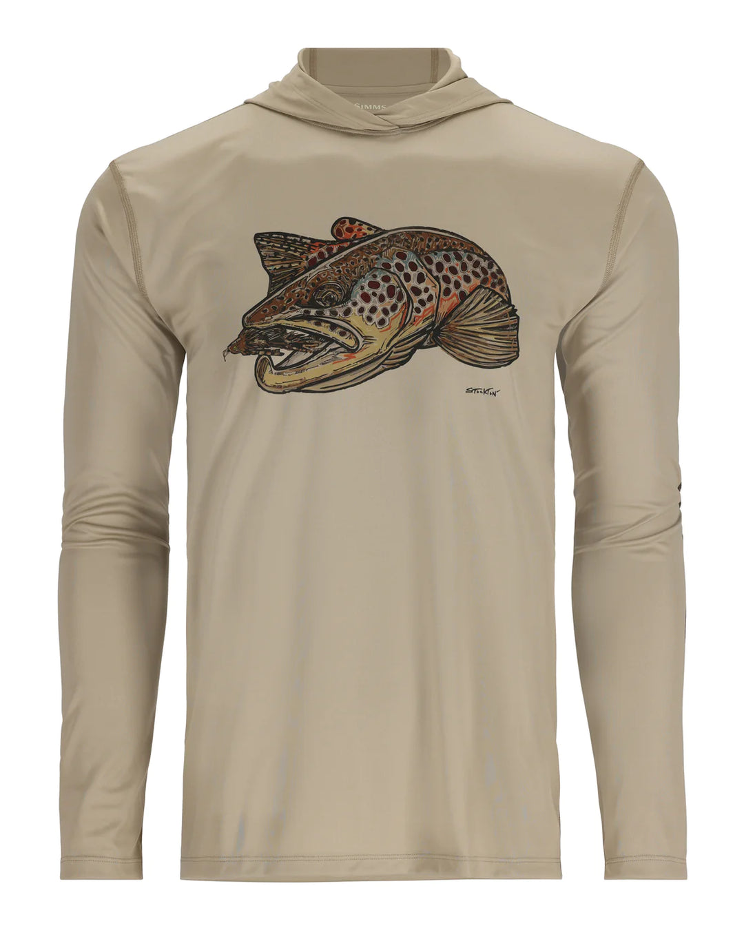 Simms Men's Tech Hoody - Artist Series - Stone/Brown Trout FFF Logo