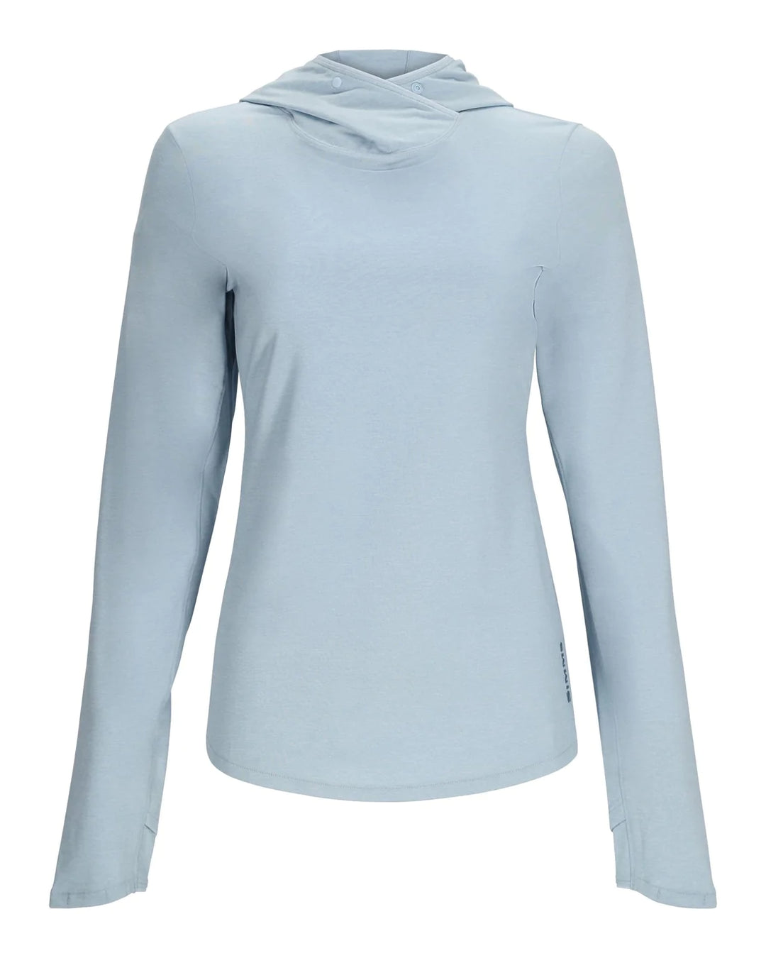 Simms Women's SolarFlex Hoody Fly Fish Food Logo - Steel Blue Heather