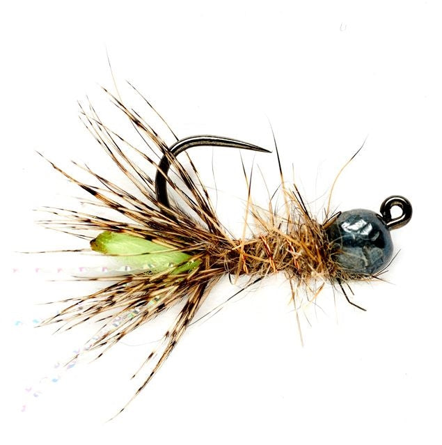 Peeping Caddis Jig - Burnt Green - Barbless