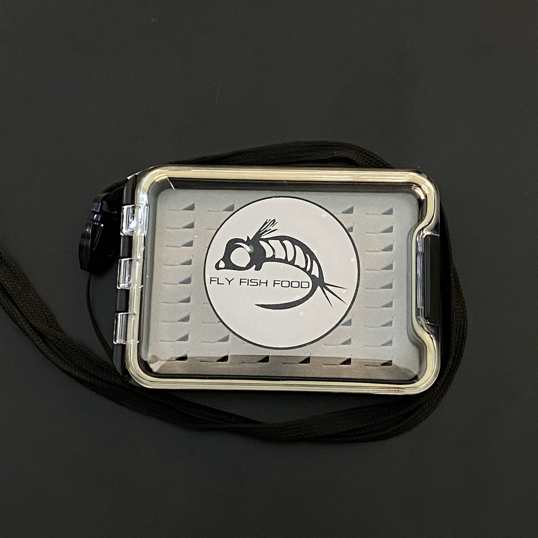FLY FISH FOOD LOGO FLY BOX, CLEAR SINGLE SIDED - SMALL W/ LANYARD, EASY GRIP FOAM
