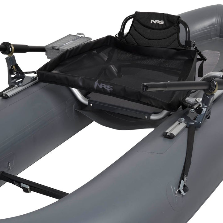 NRS Boundary 100 Personal Fishing Raft in gray, close-up of seat, mesh drop basket and oar mounts