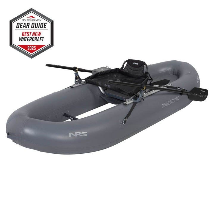 NRS Boundary 100 Personal Fishing Raft in gray, left front three-quarter view with oars and seat