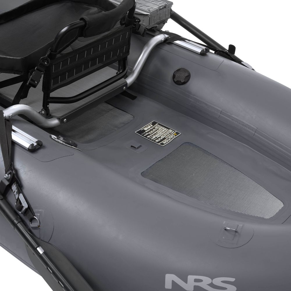NRS Boundary 100 Personal Fishing Raft in gray, stern close-up of floor, mesh panel and NRS logo