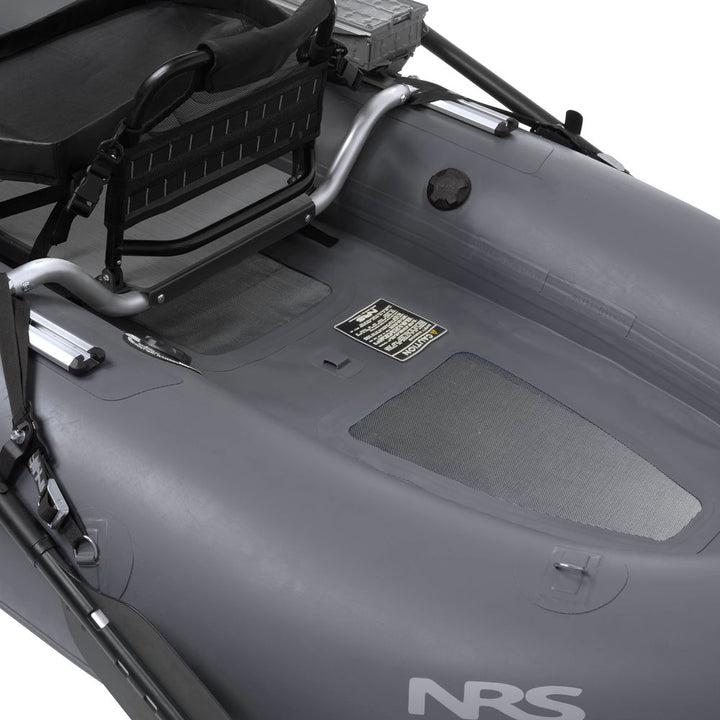 NRS Boundary 100 Personal Fishing Raft in gray, stern close-up of floor, mesh panel and NRS logo