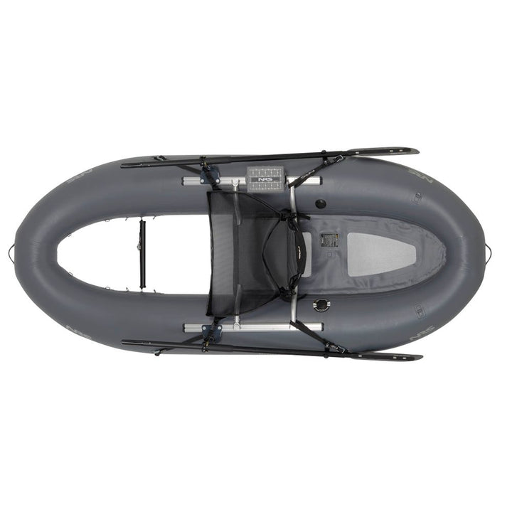 NRS Boundary 100 Personal Fishing Raft in gray, top view showing seat frame, oars and floor
