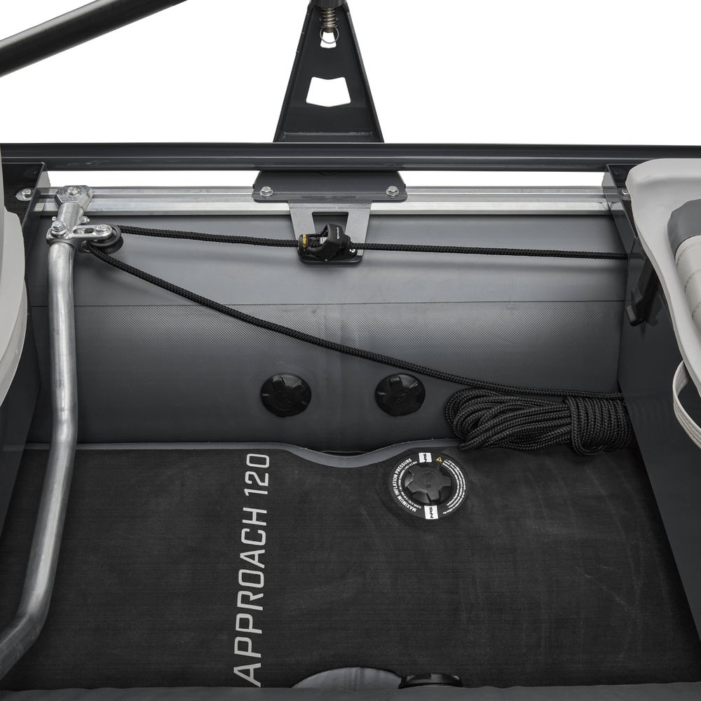NRS Approach 120 two-person fishing raft, gray, floor and frame detail with Approach 120 lettering and anchor rope