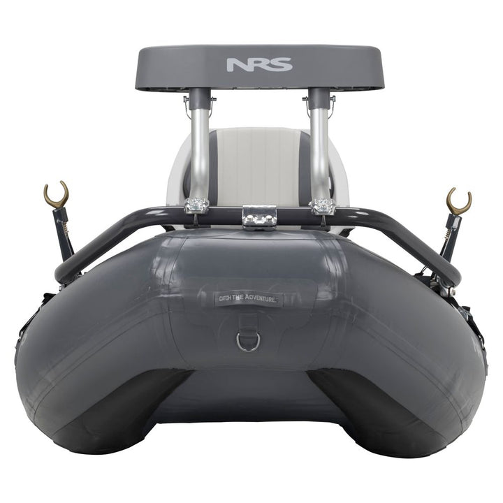 NRS Approach 120 two-person fishing raft, gray, bow view with NRS logo on casting platform and rod holders