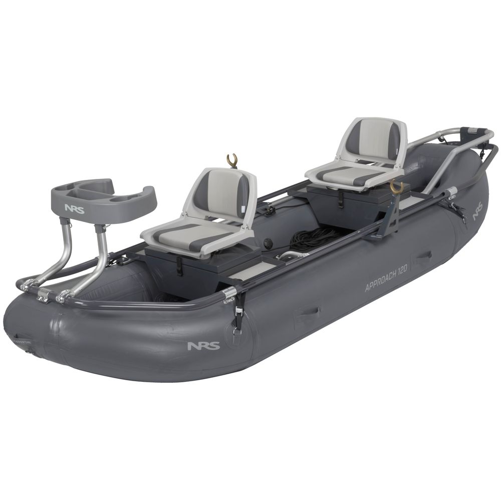 NRS Approach 120 two-person fishing raft, gray, front three-quarter view with two swivel seats and rear casting platform