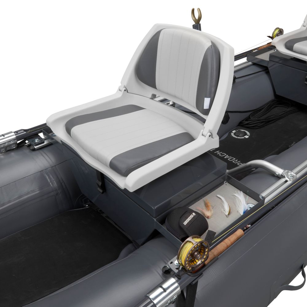 NRS Approach 120 two-person fishing raft, gray, close-up of swivel seat, fly box tray and fly reel on frame