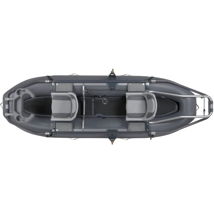 NRS Approach 120 two-person fishing raft, gray, overhead view of seats, frame and casting platform