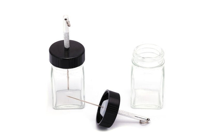 Hareline Empty Glass 1oz Glue Jar with Applicator Bodkin - UV Resin & Adhesives - Fly Fish Food