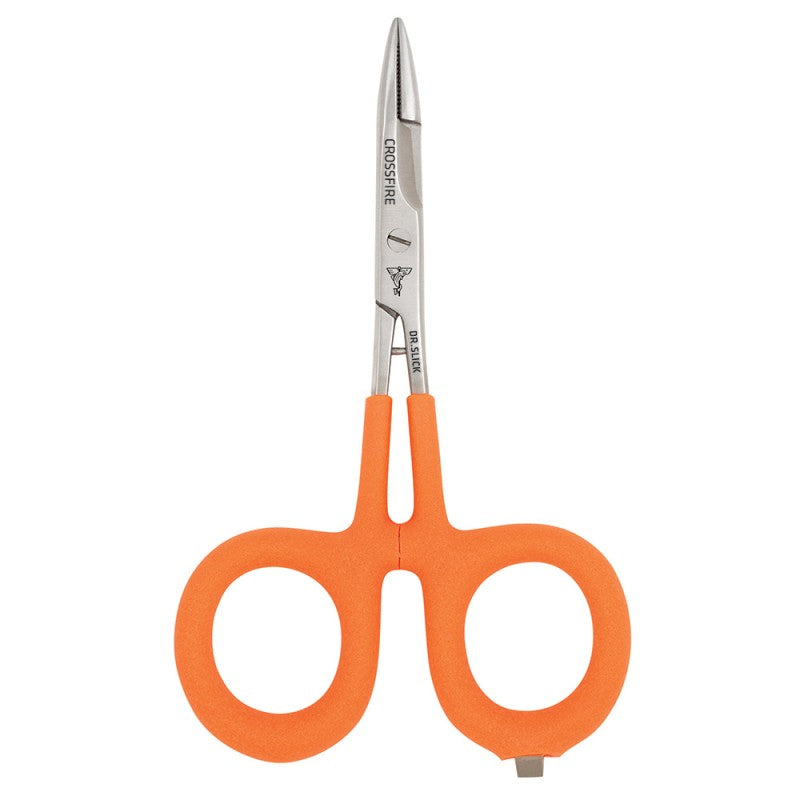 Scissor Clamp, 5", Satin with Orange Textured Rubber Loops, Straight, Tapered Jaw, (1/2)