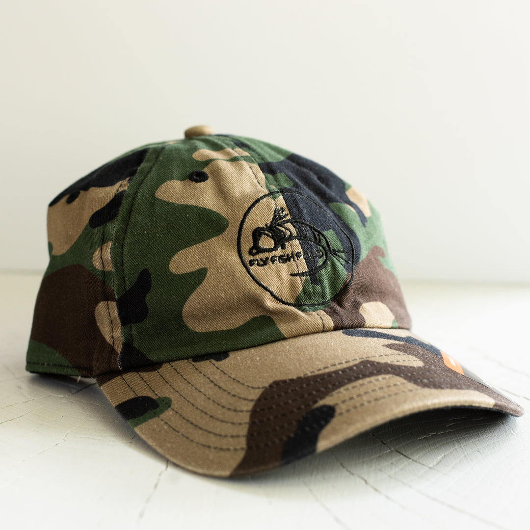 Simms Single Haul Cap - Fly Fish Food Logo - Woodland Camo