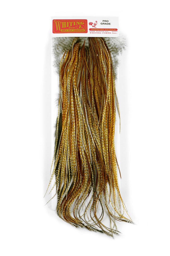 Whiting Pro Grade Midge Saddle in Barred Medium Ginger, front view with Pro Grade Rooster Saddle label