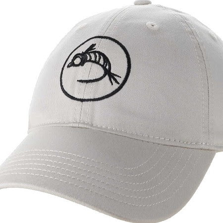 Fly Fish Food 6 panel logo hat in cream with black embroidered circular fly logo, front close-up