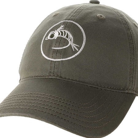 Fly Fish Food 6 Panel Logo Hat in Olive, embroidered white fly logo, angled front view