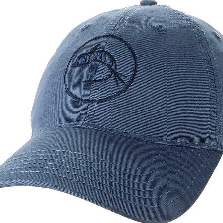 Fly Fish Food 6 Panel Logo Hat in Blue with tonal embroidered fly logo, front close-up