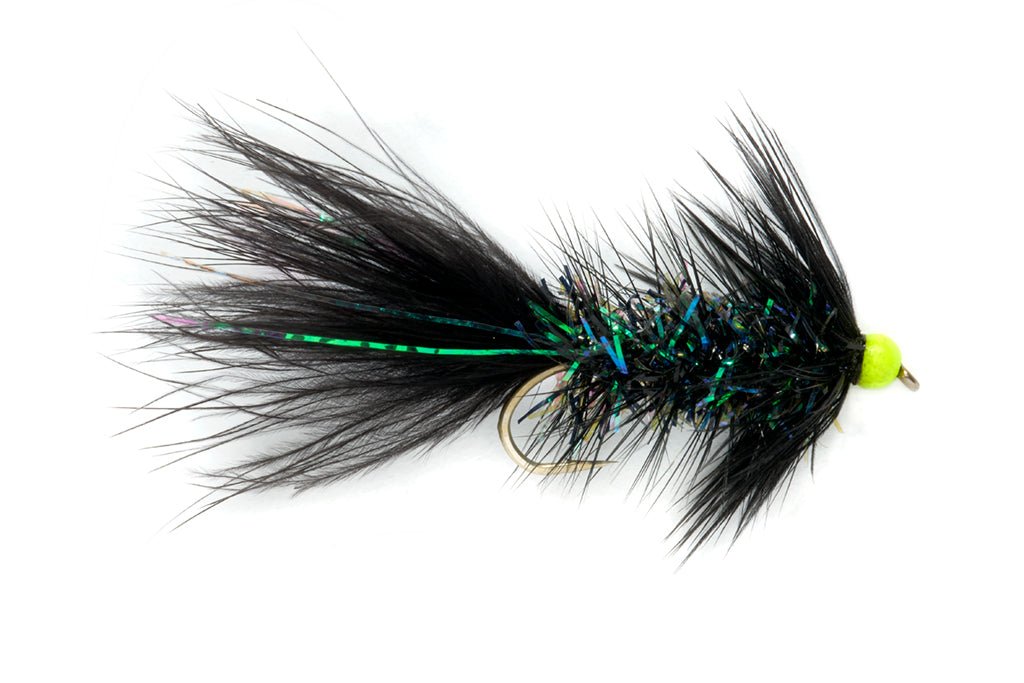 beaded fishing lures Shimmer Bugger Black & Chartreuse Bead Sz. 12