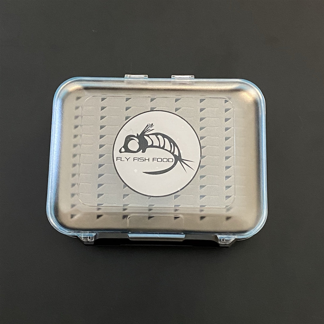 FLY FISH FOOD LOGO FLY BOX, CLEAR DOUBLE SIDED - MED, NYMPH FOAM