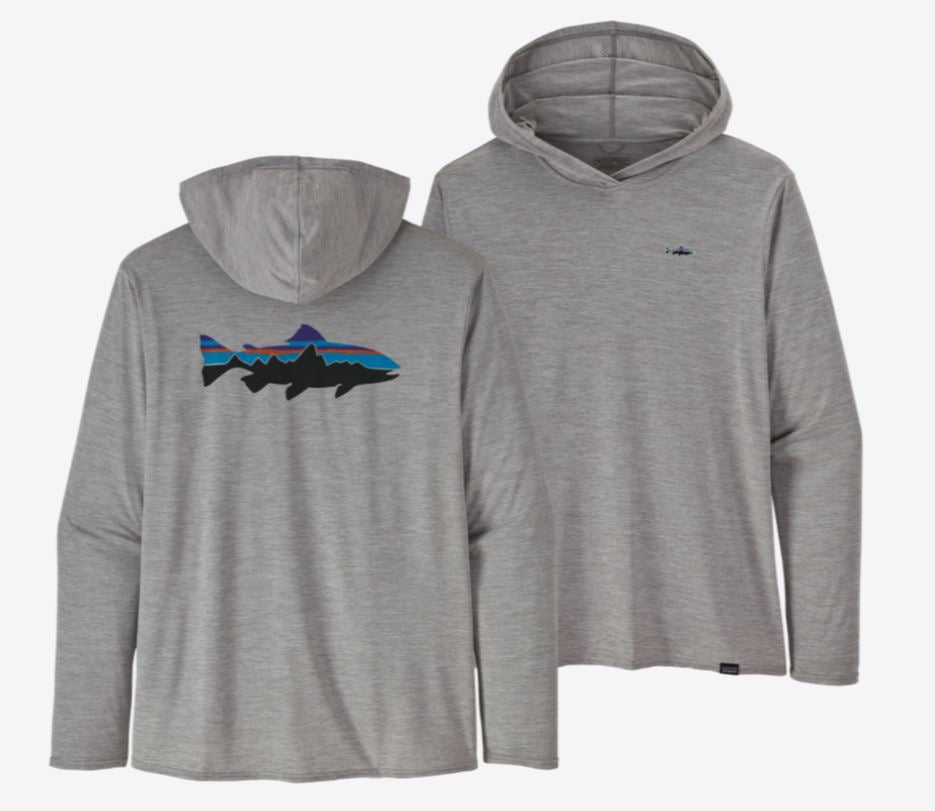 Patagonia Men's Capilene Cool Daily Graphic Hoody - Relaxed - Fitz Roy Trout w/Trout: Salt Grey X-Dye